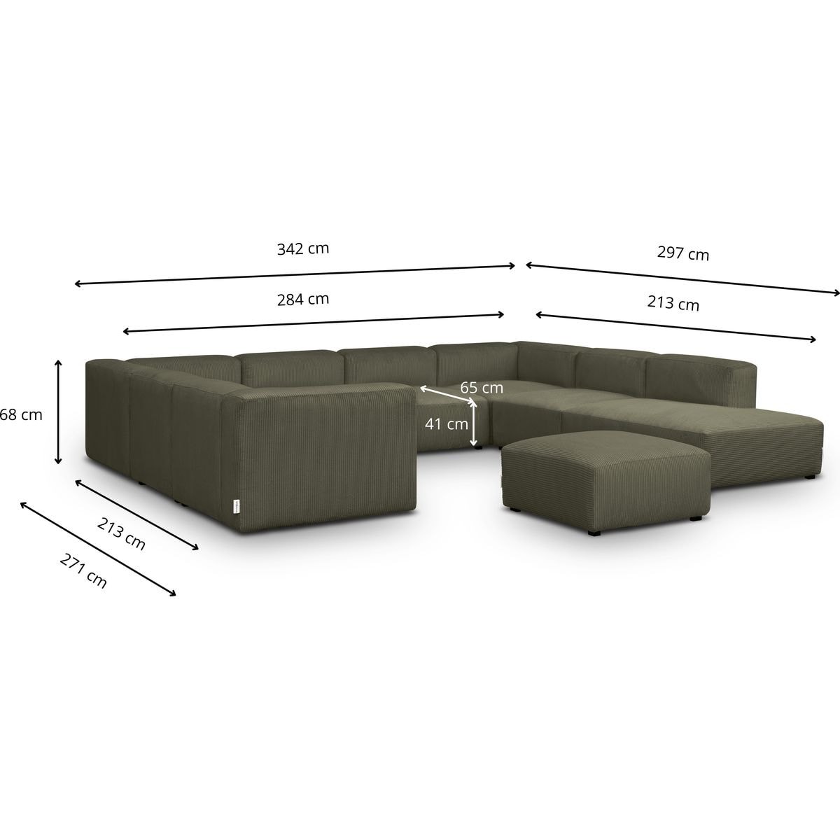 Canapé modulable panoramique 12 places ouvert à droite en velours côtelé + pouf - MODULO vert kaki, HOMIFAB