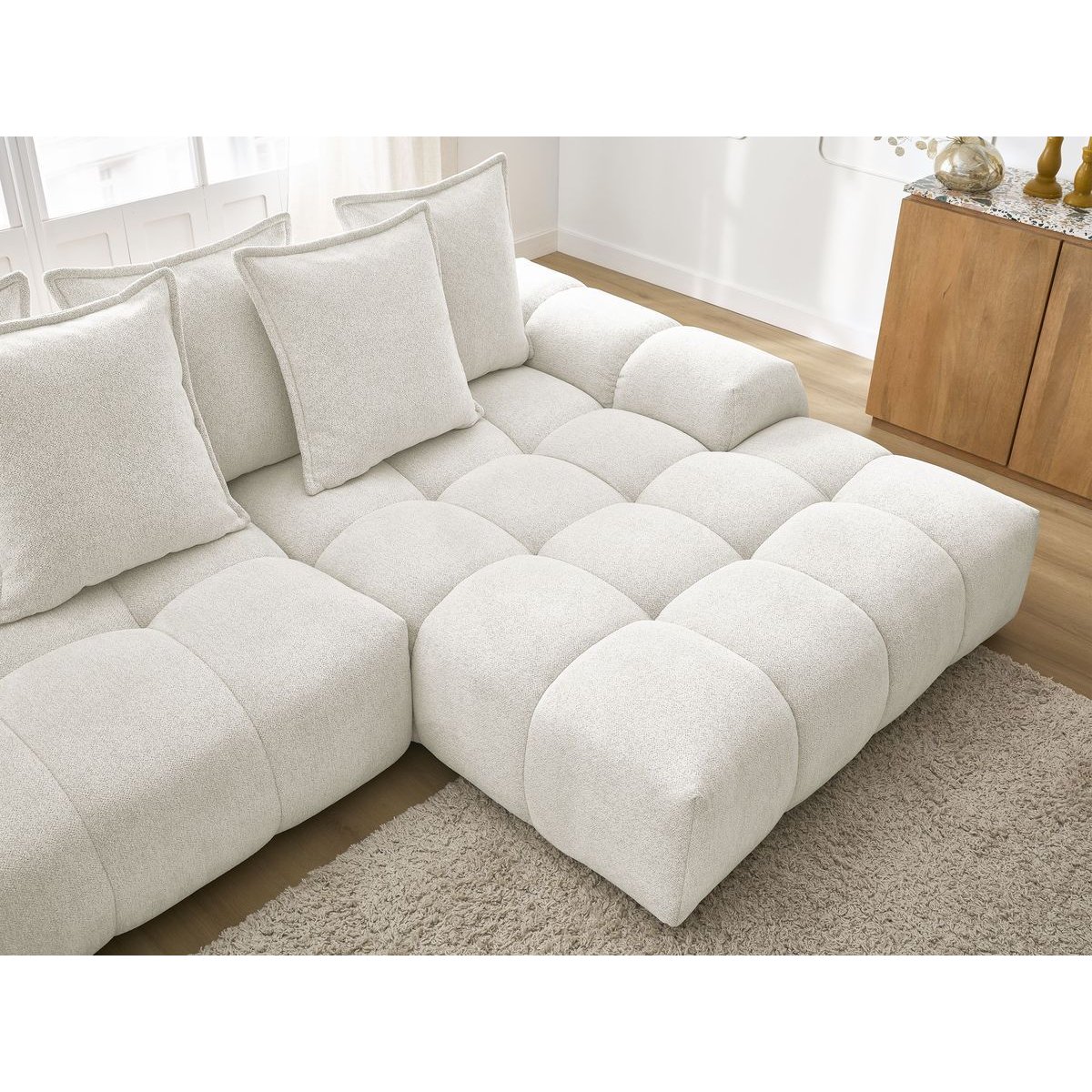 Canapé d'angle convertible 3 places en tissu chiné, EVEREST blanc, BOBOCHIC