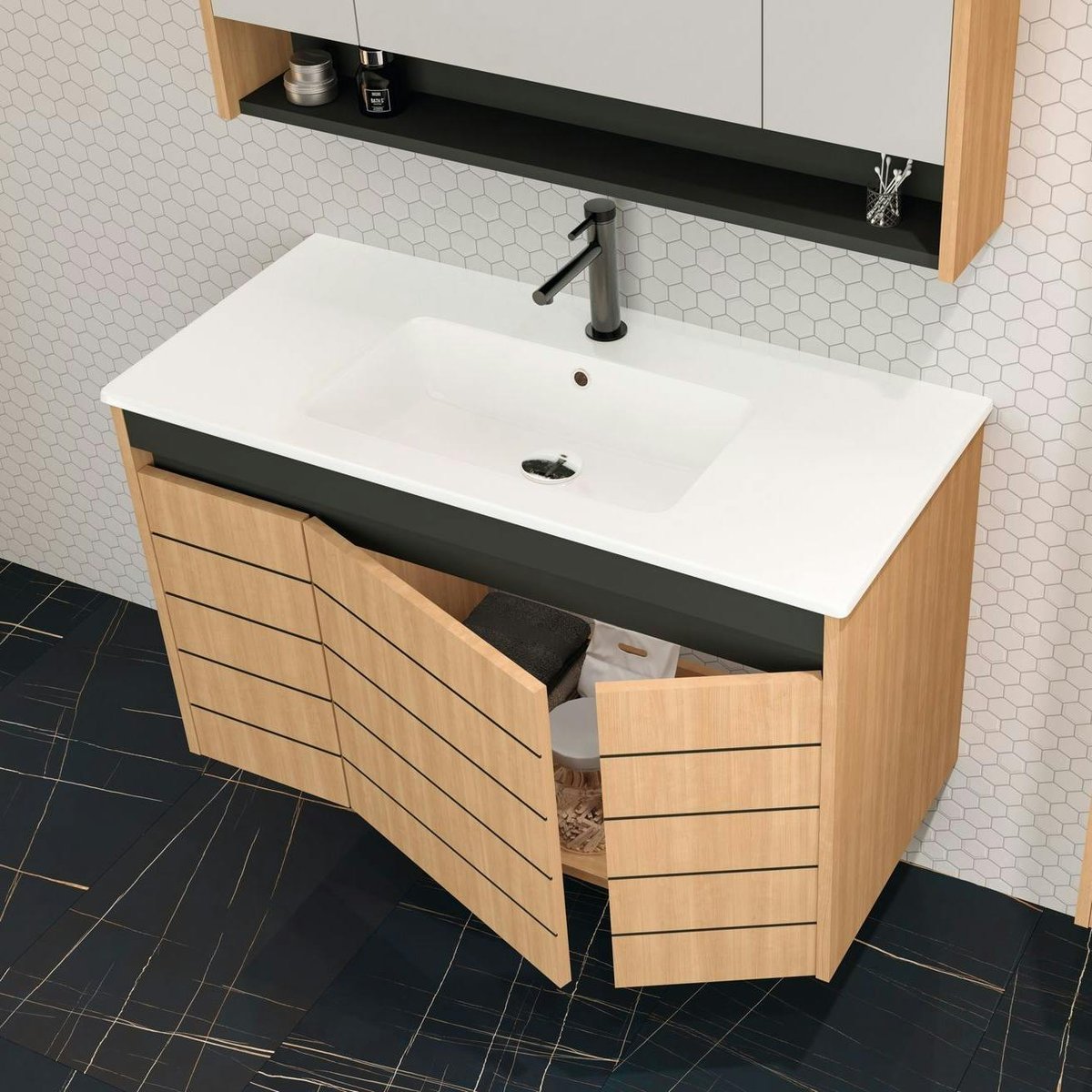 Meuble vasque suspendu 100 cm décor chêne 3 portes AÏGA bois naturel, PIER IMPORT