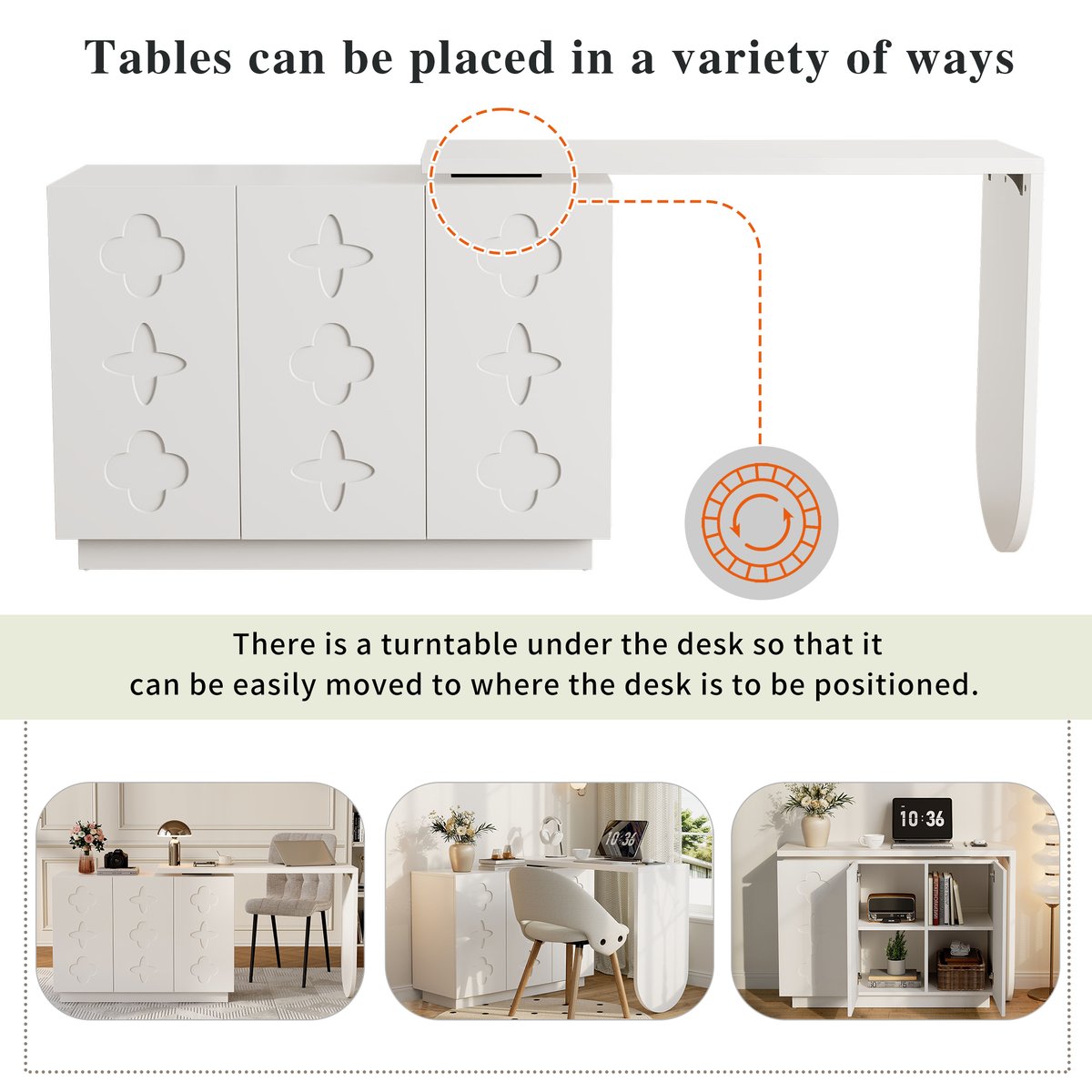 Bureau d’angle rotatif multifonction avec 3 tiroirs et rangement intégré, BABERCA blanc, MEUBLES COSY