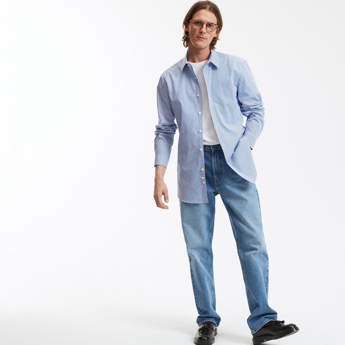 Signatures Striped Cotton Shirt with French Collar, in Slim Fit sky blue striped, LA REDOUTE COLLECTIONS