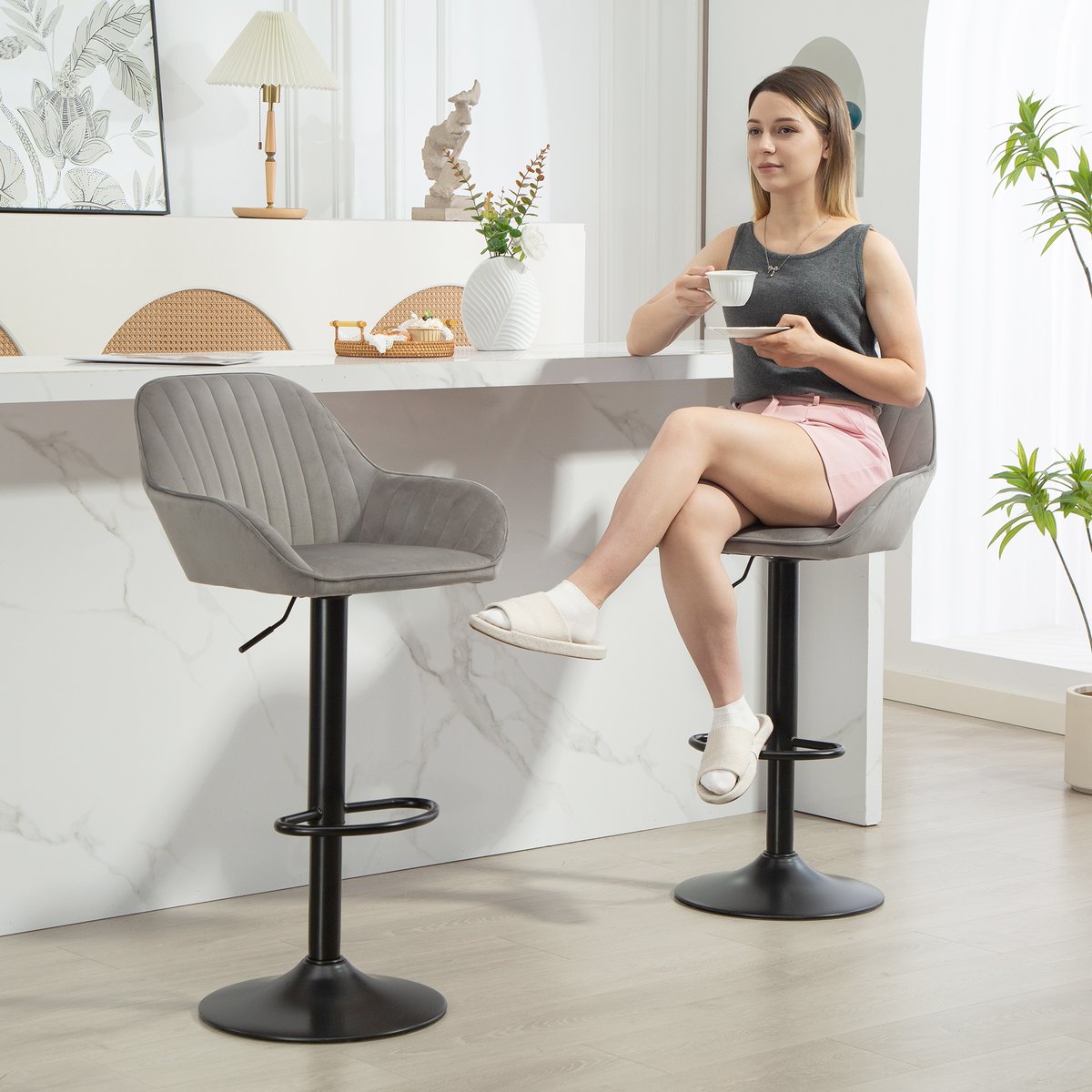 Tabouret de bar Velours (100 % polyester) gris et noir, HOMCOM