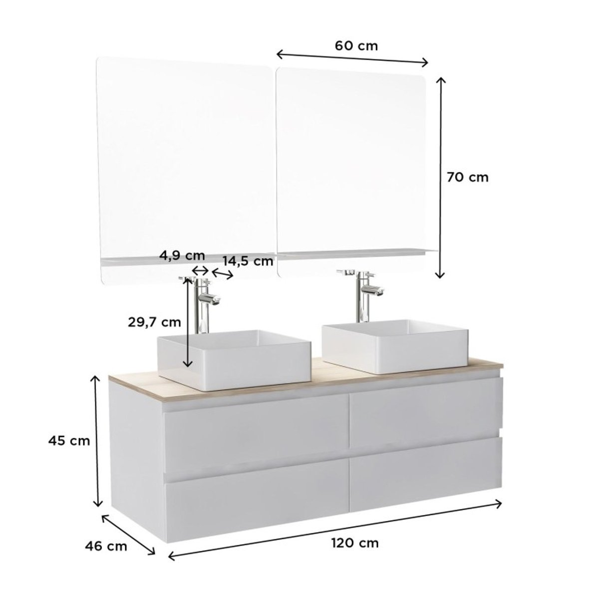 Ensemble meuble double vasque 120cm + robinet + miroir SORRENTO blanc brillant, MOB IN