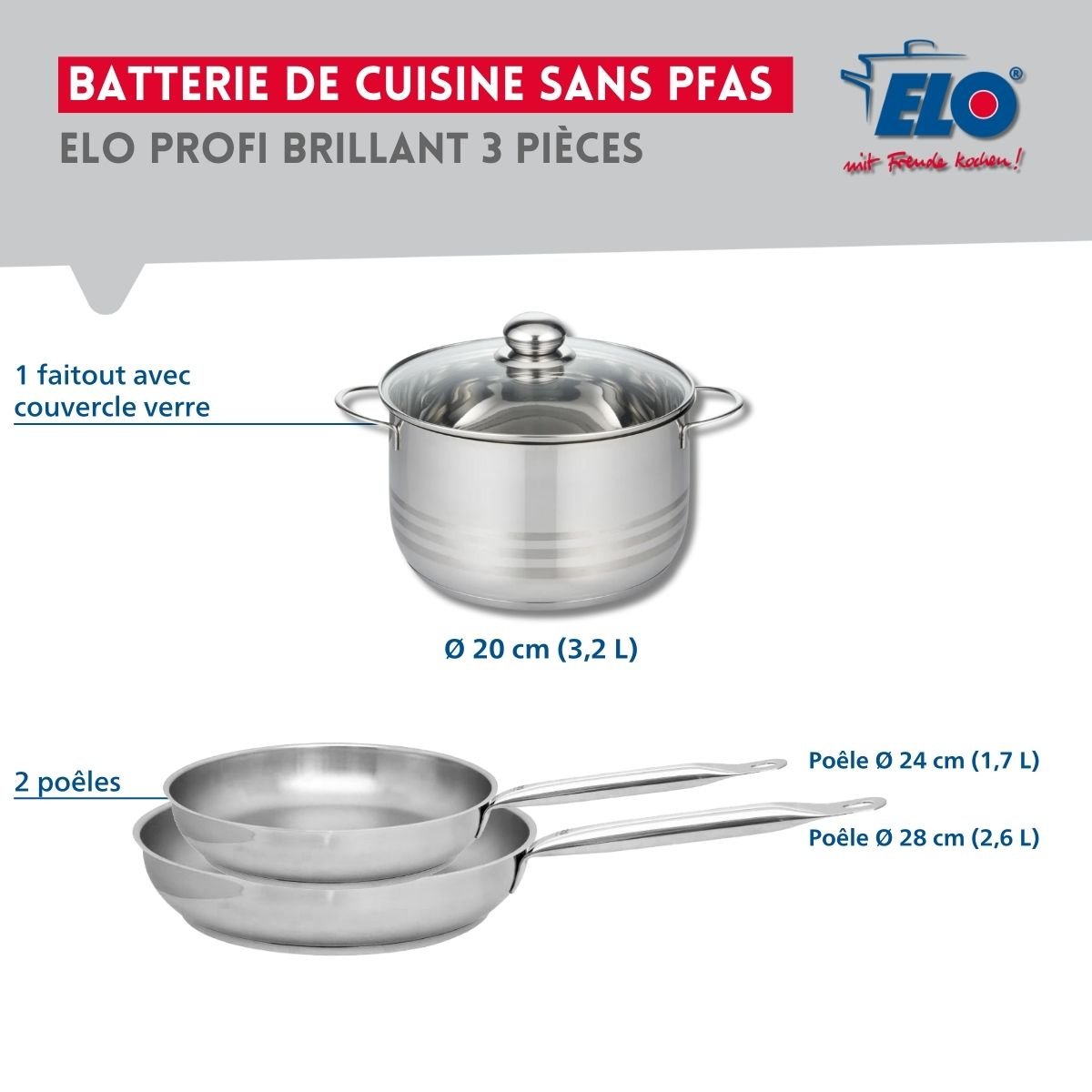 Batterie 2 poêles 24/28cm + 1 faitout 20cm PROFI BRILLANT gris, ELO