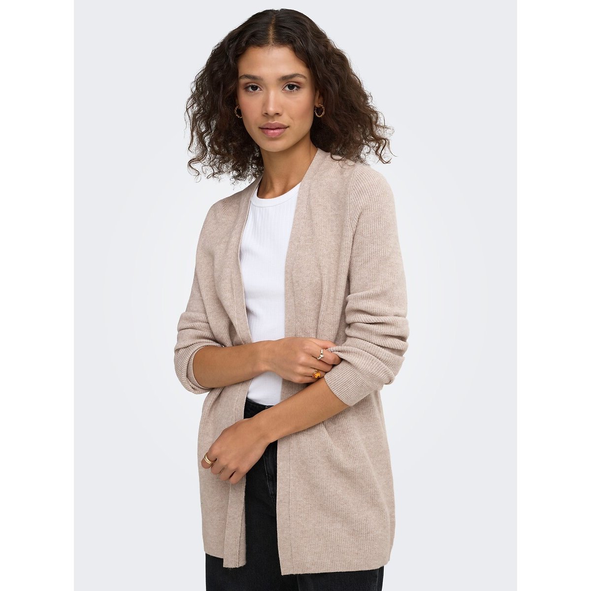Cardigan de mangas compridas e comprimento médio creme, ONLY