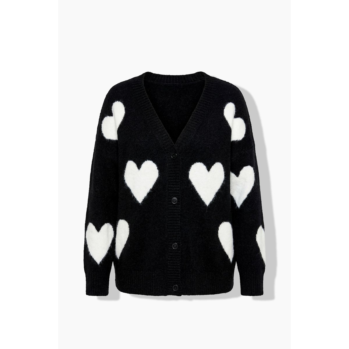 Cardigan oversize, motif grands cœurs noir, ULLA POPKEN