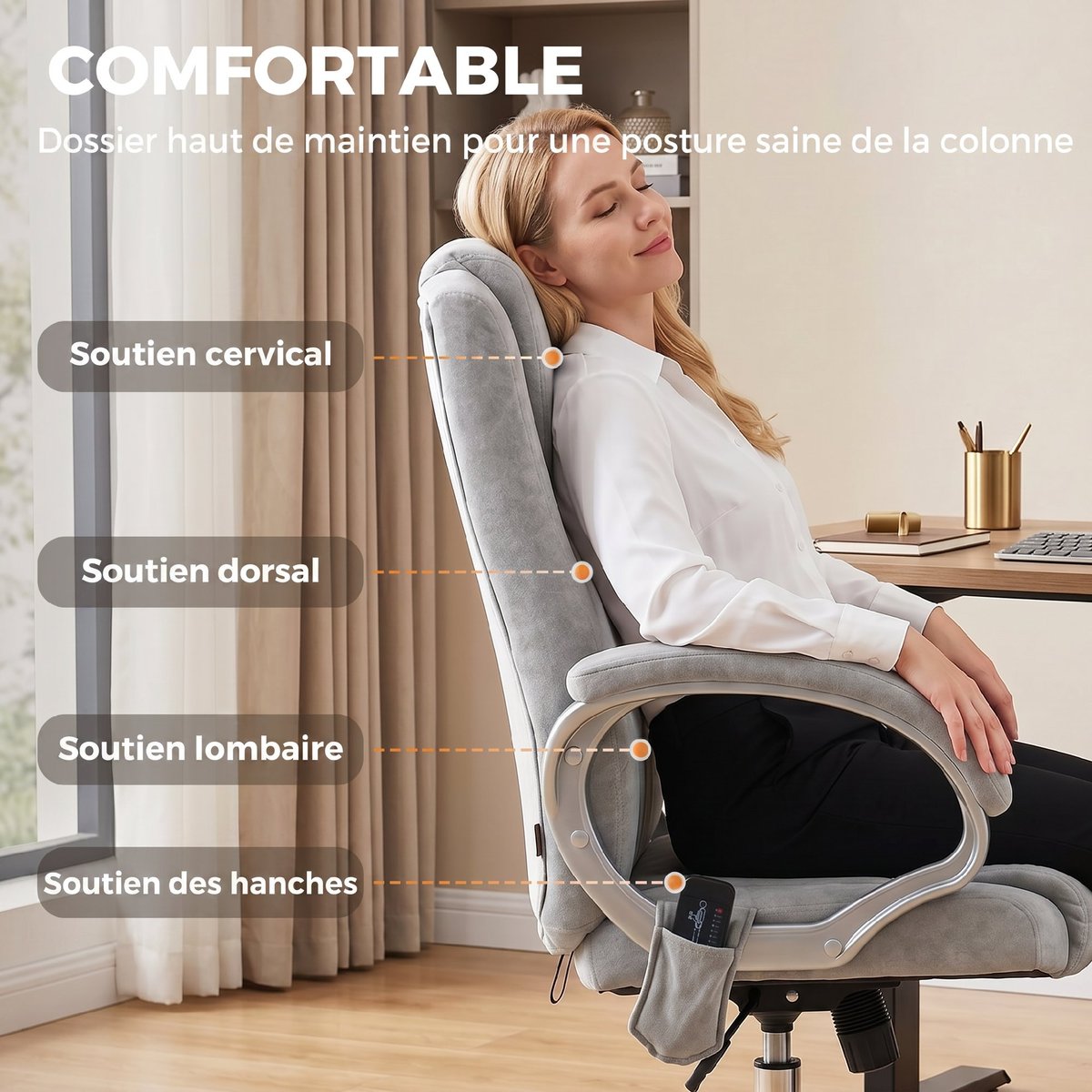 Fauteuil de bureau avec fonction massage gris, HOMCOM