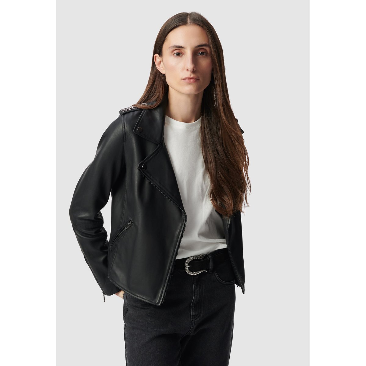 Blouson cuir d'agneau à capuche amovible noir, IKKS