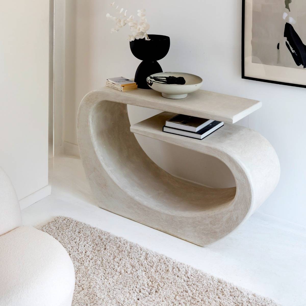 Console en bois effet béton ovale DANAÉ blanc, MADE IN MEUBLES