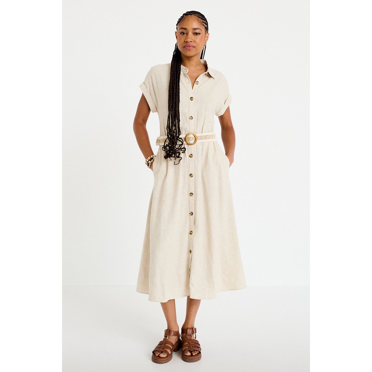 Robe évasée 3/4 col chemise ceinture beige, CACHE CACHE