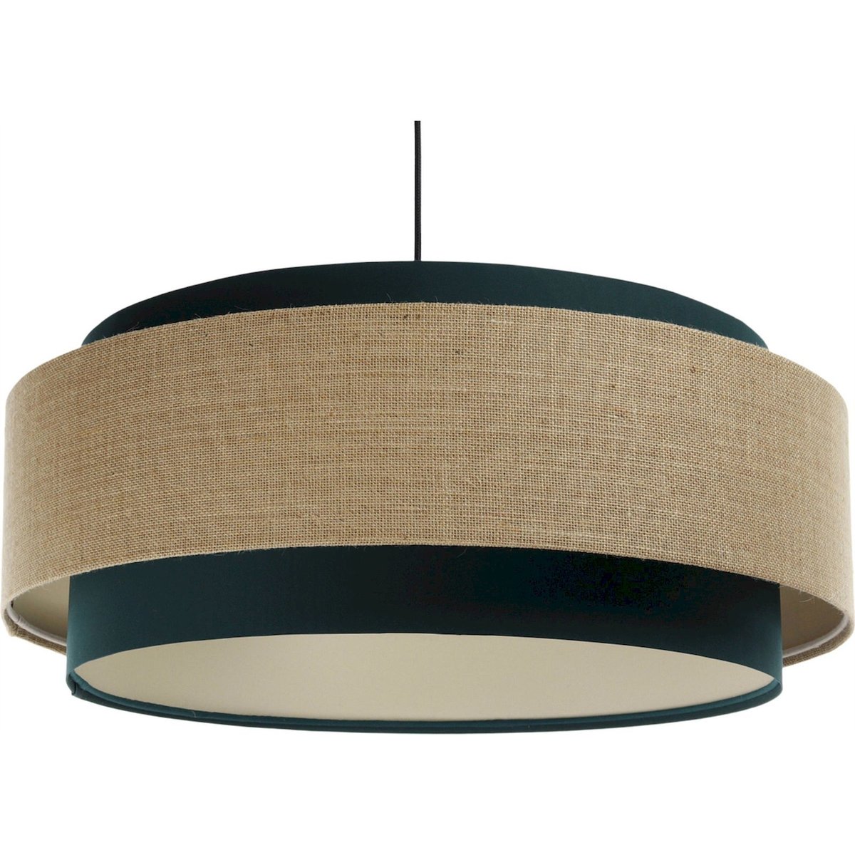 Suspension en tissu, DOBLO abat-jour en tissu satiné chanvre beige clair et pvc lisse vert bouteille intérieur crème, BPS KONCEPT