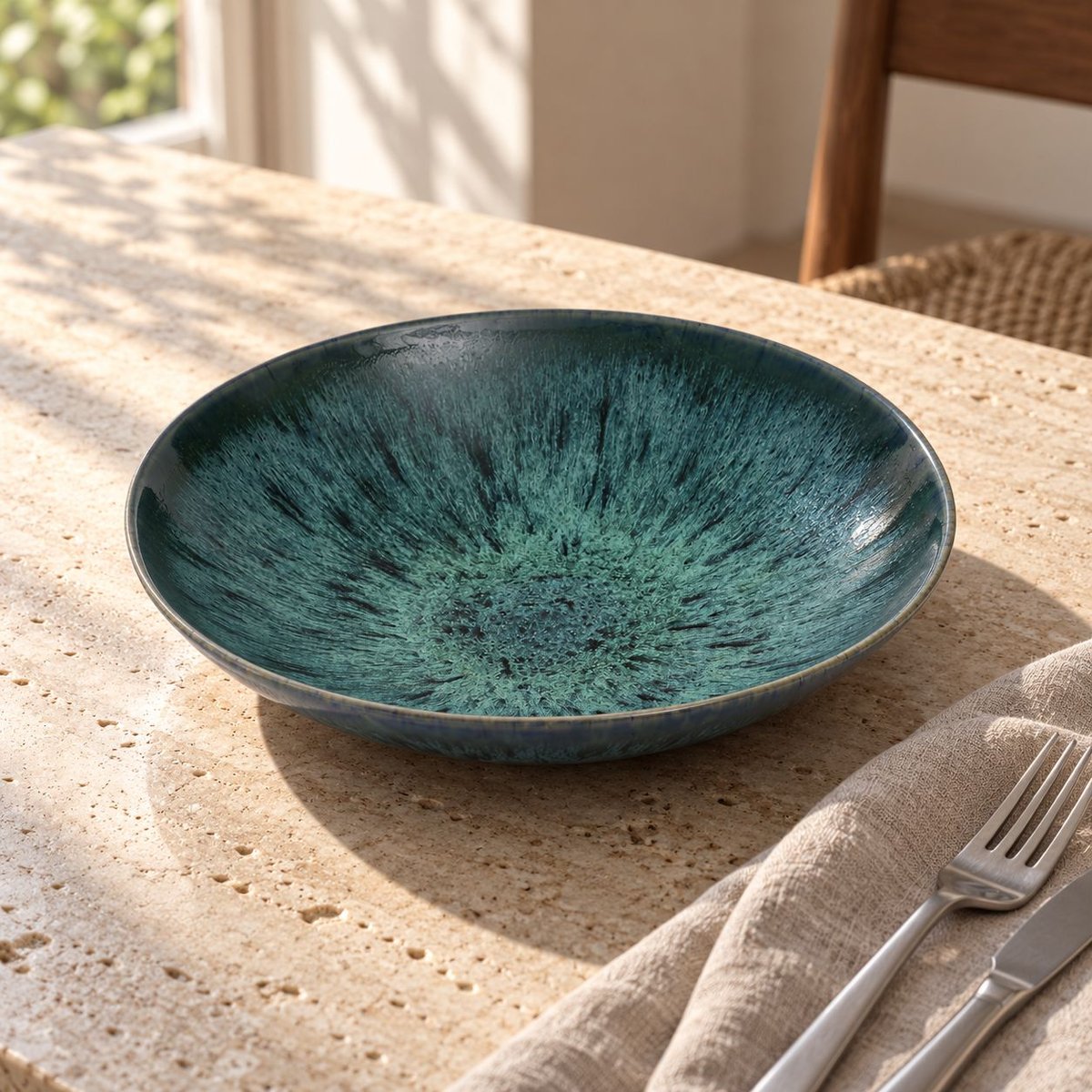Assiette à pâtes en grès AQUA bleu, BAZAR BIZAR