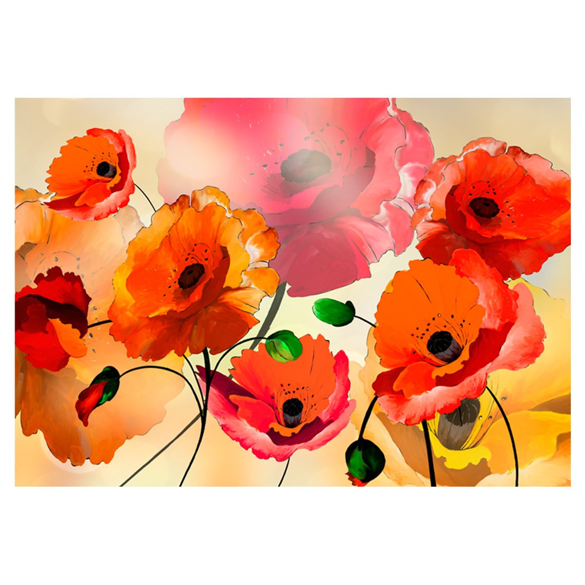 Papier peint intissé panoramique Fleurs Velvet Poppies vert, EDEN