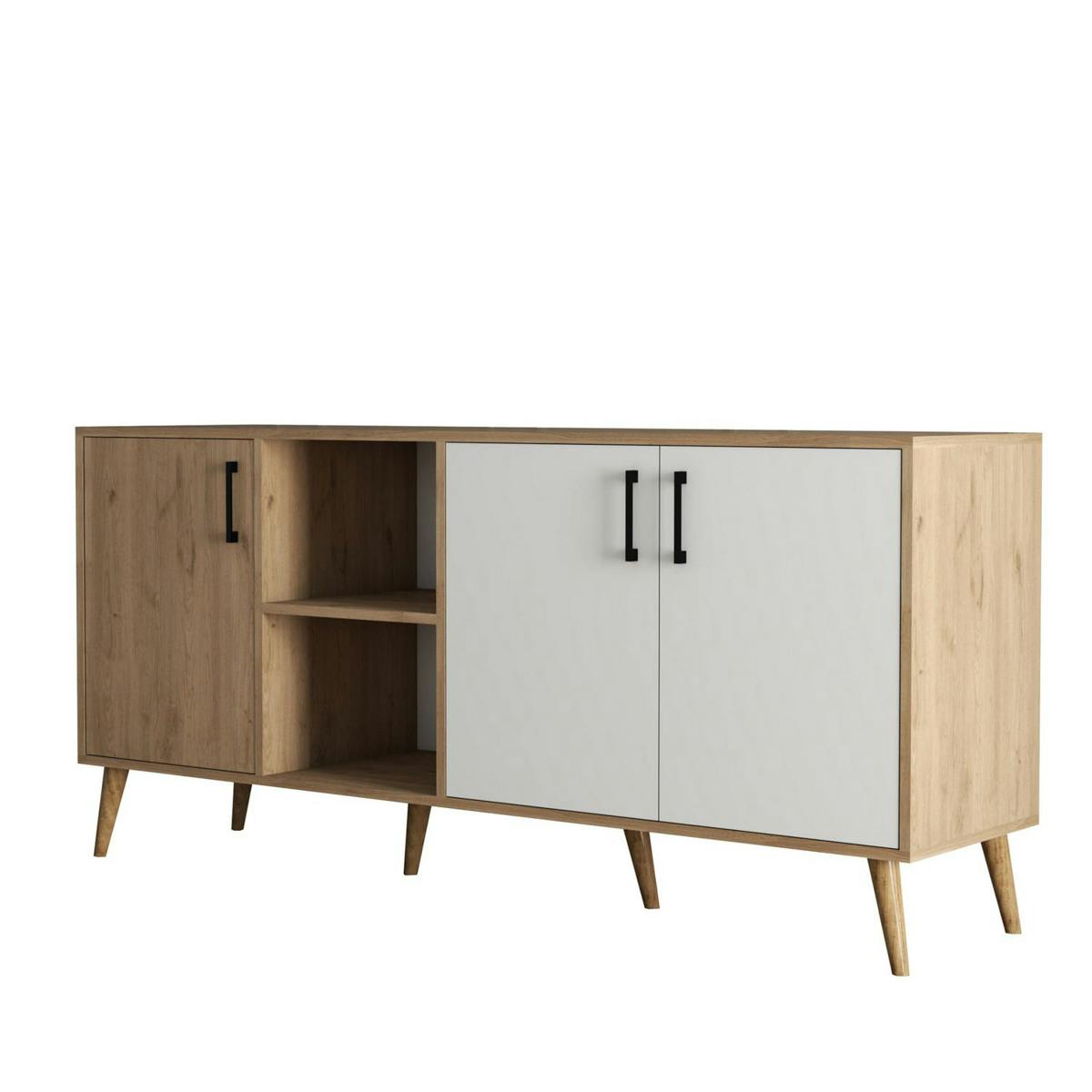 Buffet moderne effet bois et blanc, pieds obliques MARFA bois naturel, PIER IMPORT