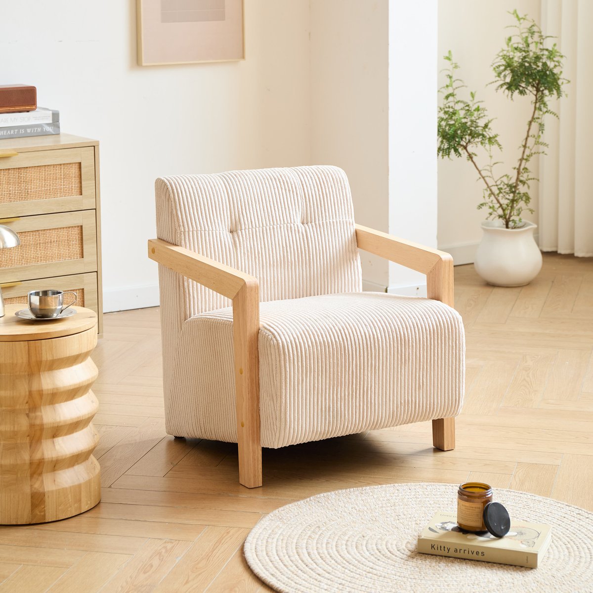 Fauteuil de salon en bois massif et velours côtelé, LERWICK beige, NORDLYS