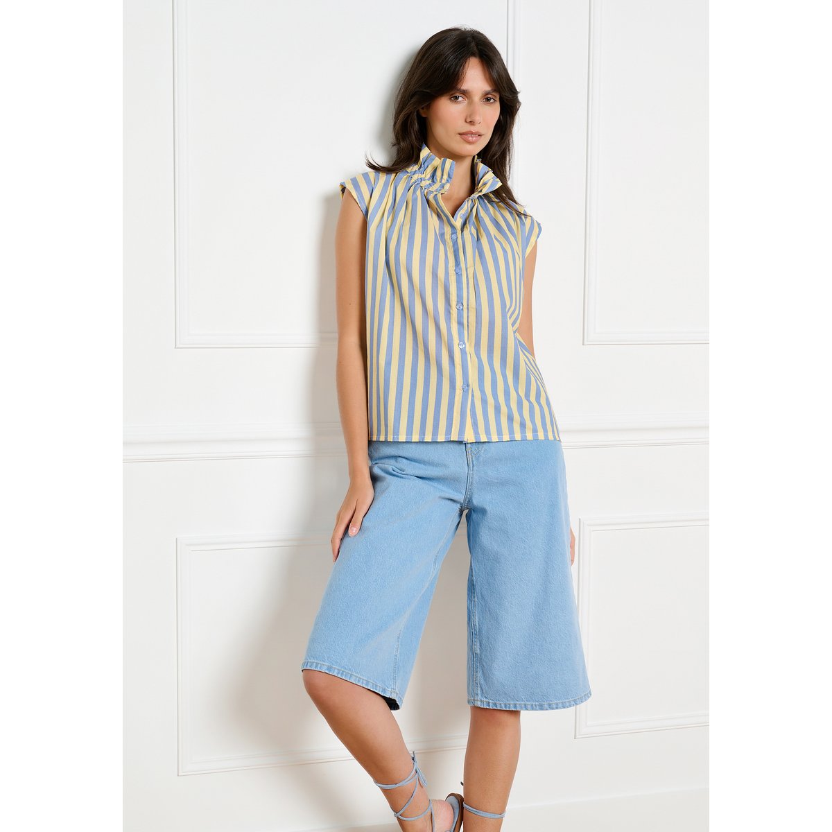 Chemise à rayures col volanté jaune pastel, LOLALIZA