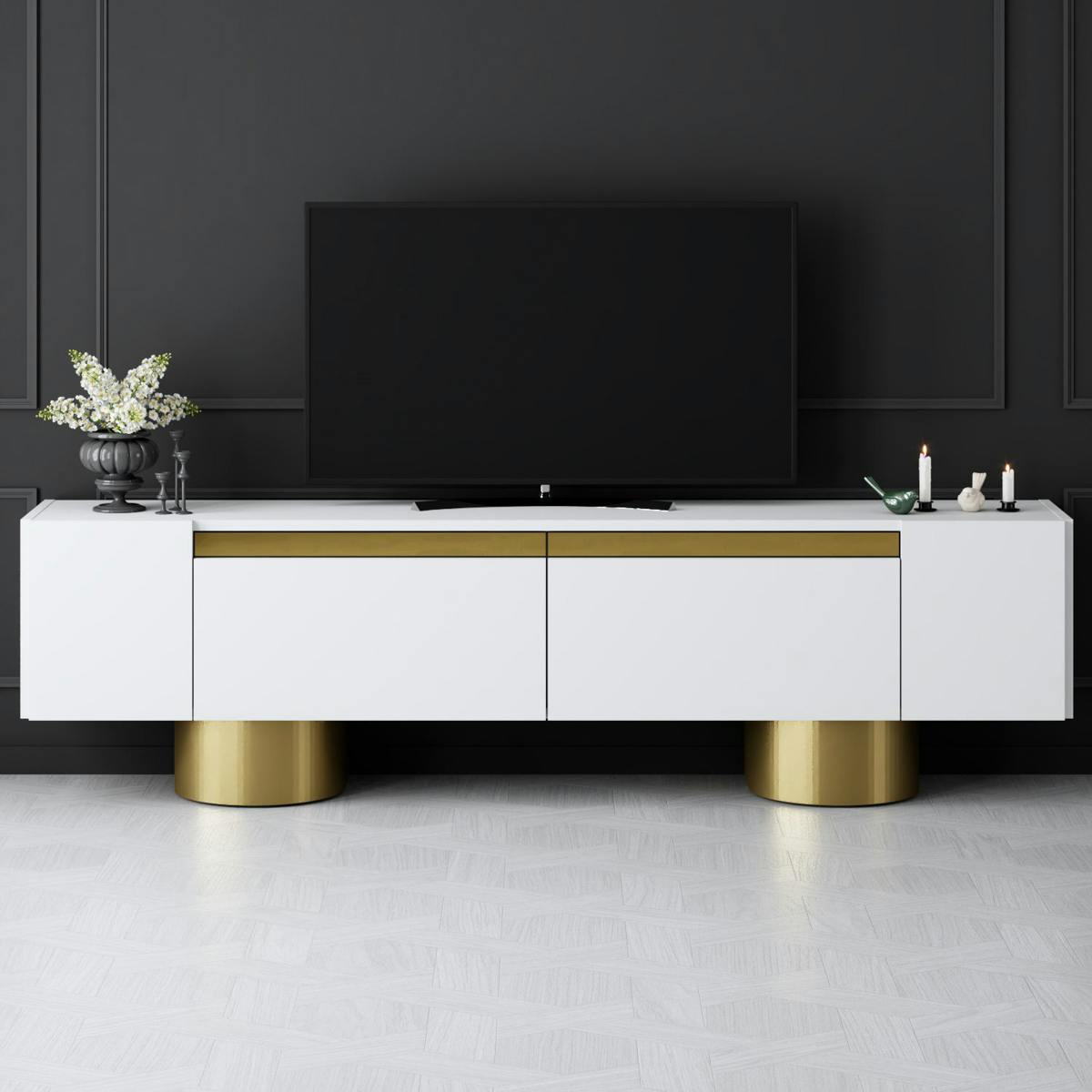 Meuble TV blanc et or design 2 portes abattantes JENA blanc, PIER IMPORT