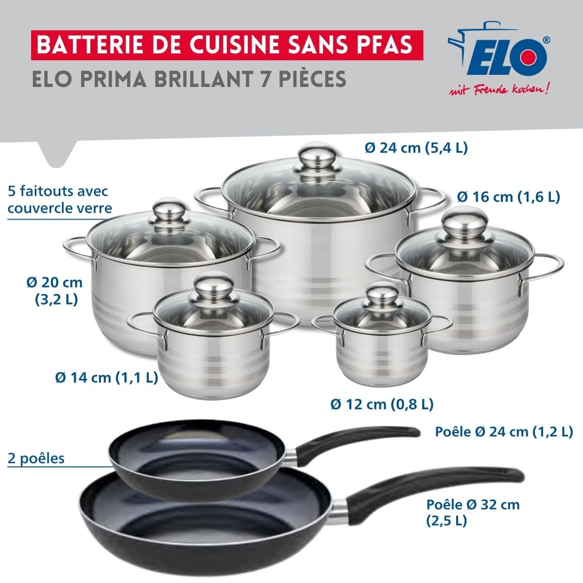 2 poêles 24/32cm + 5 faitouts 12/14/16/20/24cm PRIMA BRILLANT noir, ELO