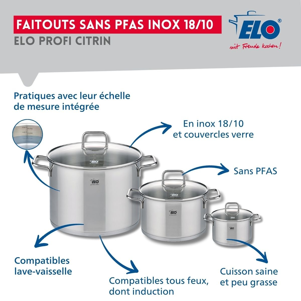 Batterie 2 poêles 28/32cm + 3 faitouts 12/20/26cm PROFI CITRIN inox, ELO