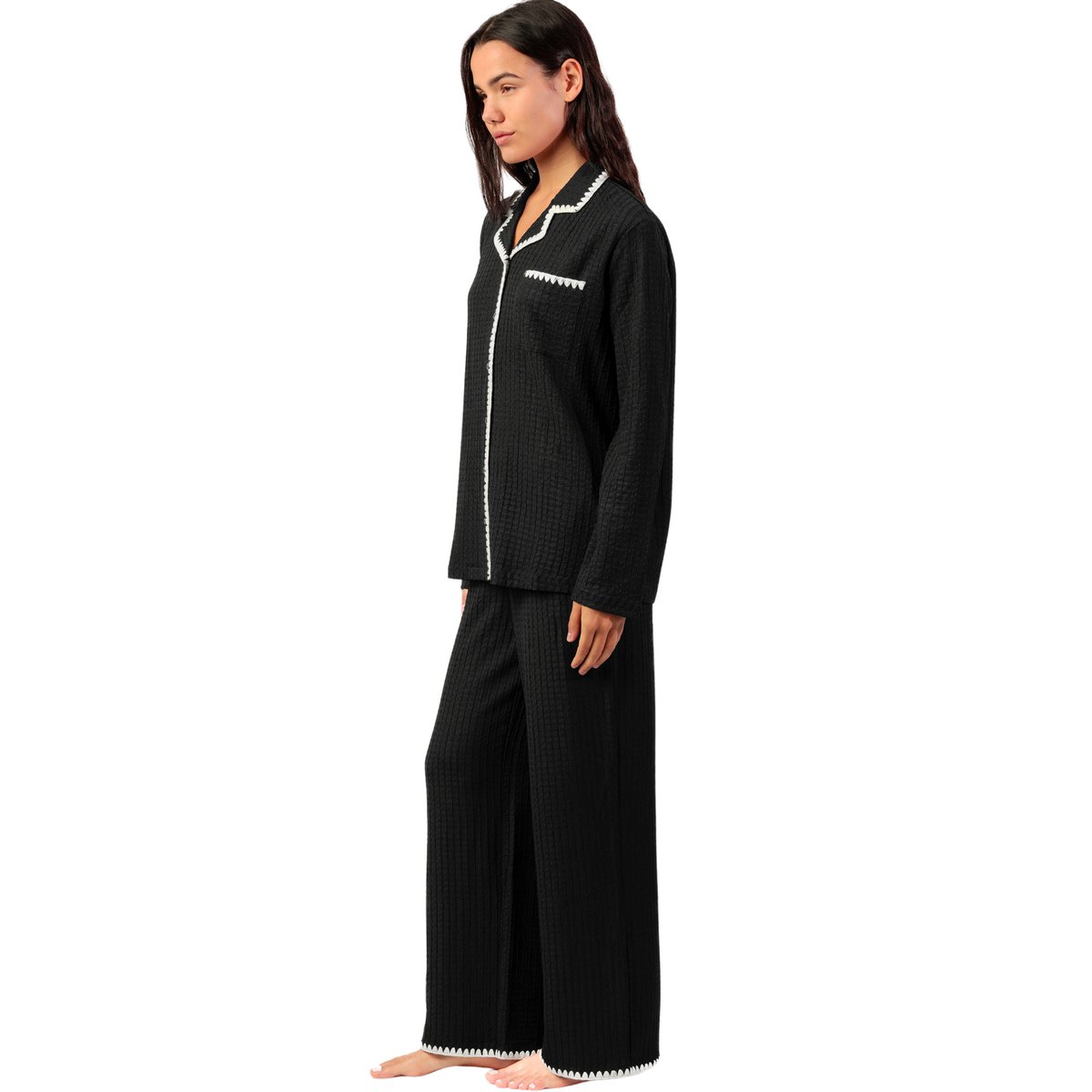 Pyjama pantalon large et chemise manches longues Stitching noir, ADMAS