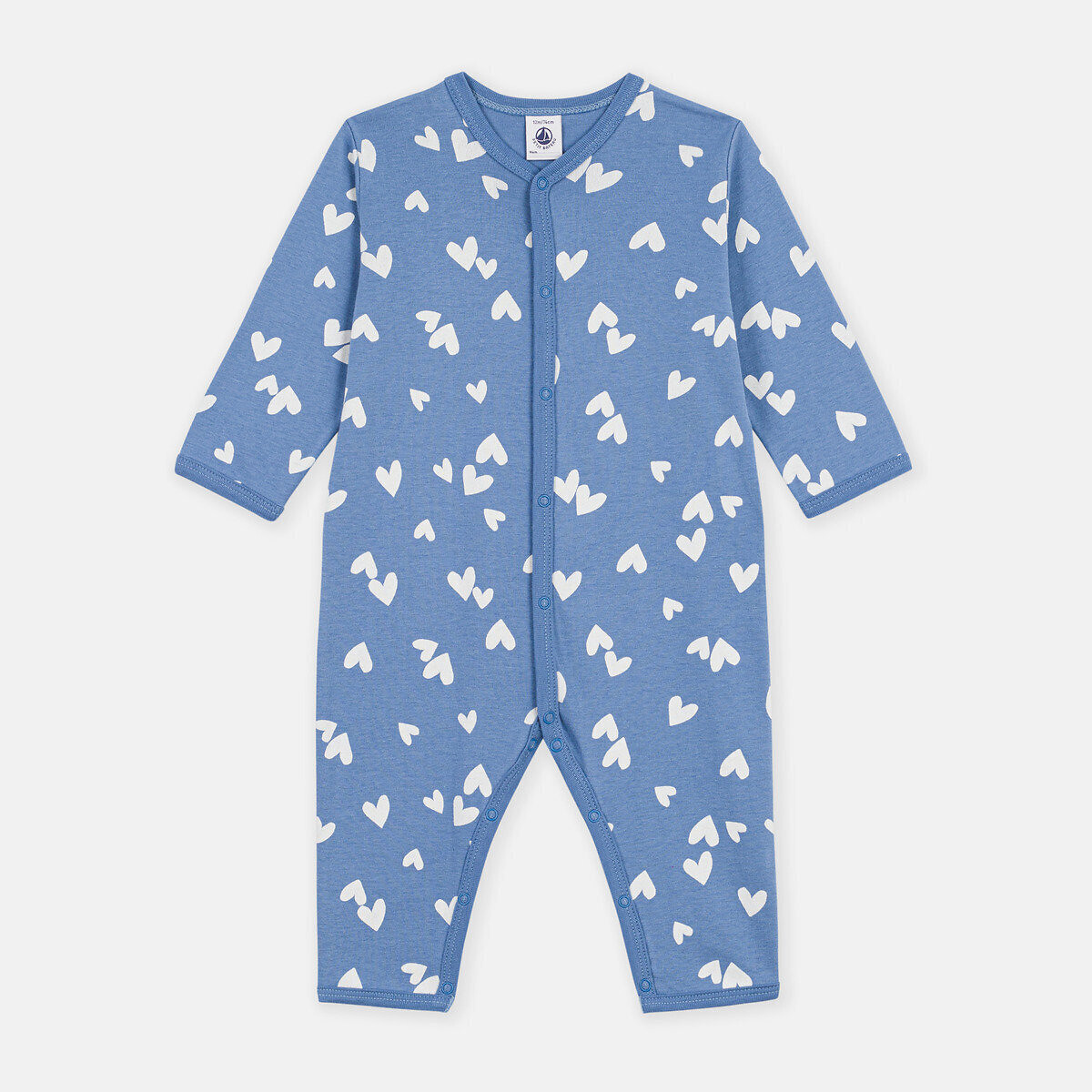 Pyjama sans pieds, en coton, imprimé cœurs imprimé fond bleu, PETIT BATEAU
