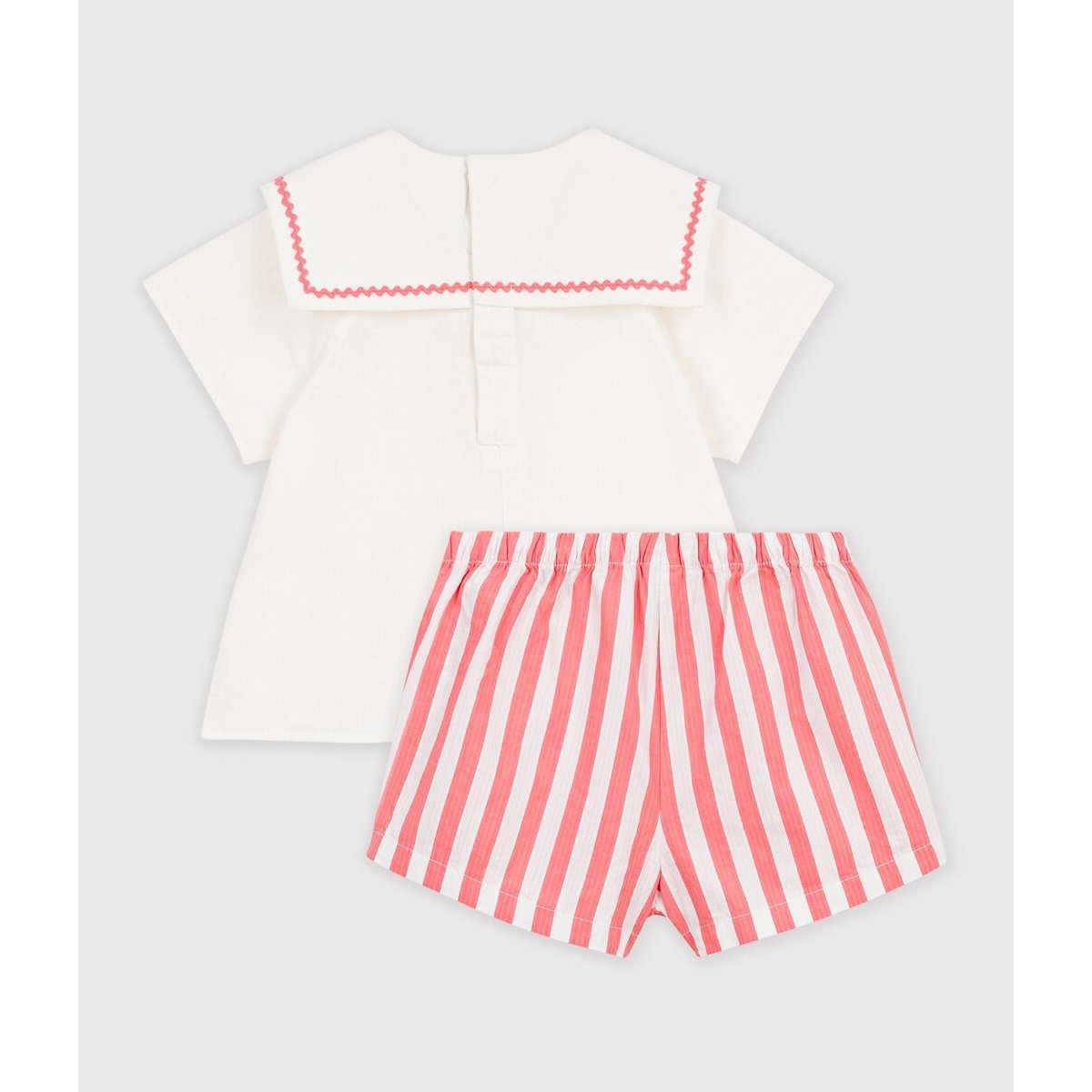 Ensemble 2 pièces en coton/lin, avec haut col marin rose/écru, PETIT BATEAU