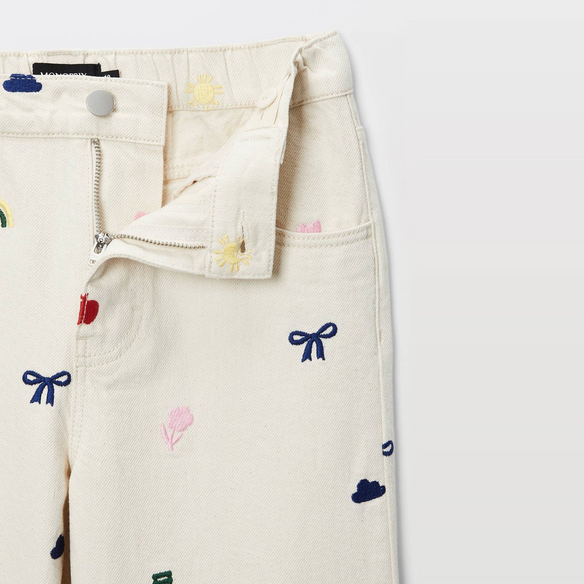 Pantalon large avec broderies en coton naturel, MONOPRIX