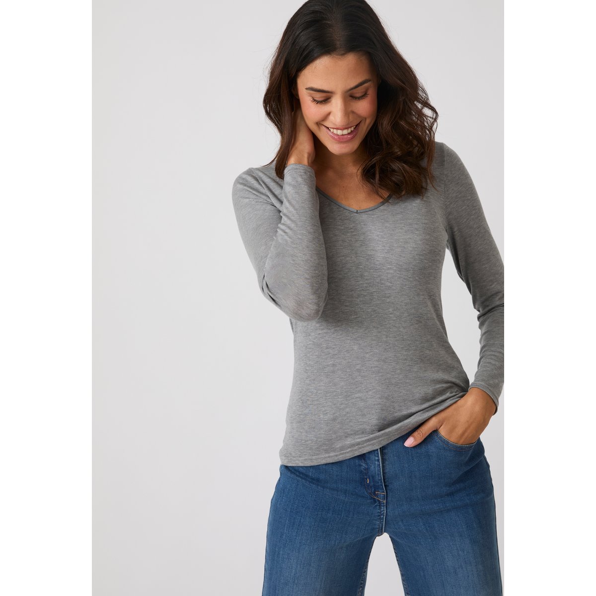 T-shirt Thermolactyl Sensitive manches longue col V gris chiné foncé, DAMART