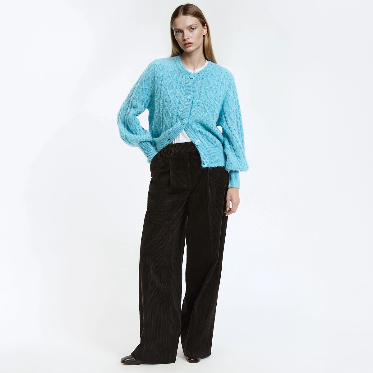 Cable Knit Cardigan in Alpaca and Wool Blend grey-blue, LA REDOUTE COLLECTIONS