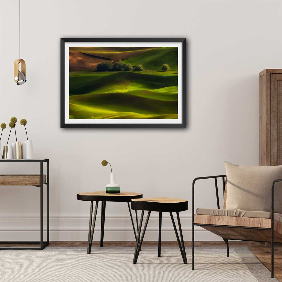 Affiche Colline USA affiche + cadre en bois - noir, HEXOA