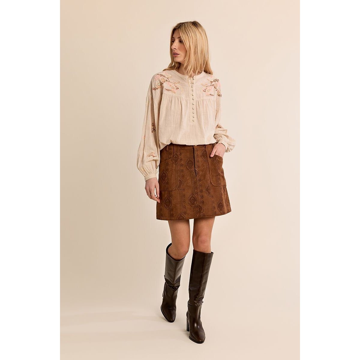 Blouse avec détails broderies beige, MOLLY BRACKEN
