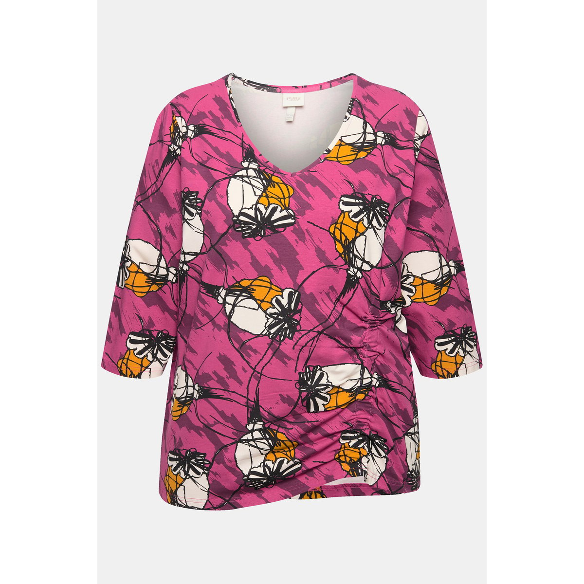 T-shirt en coton bio. Ruban à froncer fuchsia, ULLA POPKEN