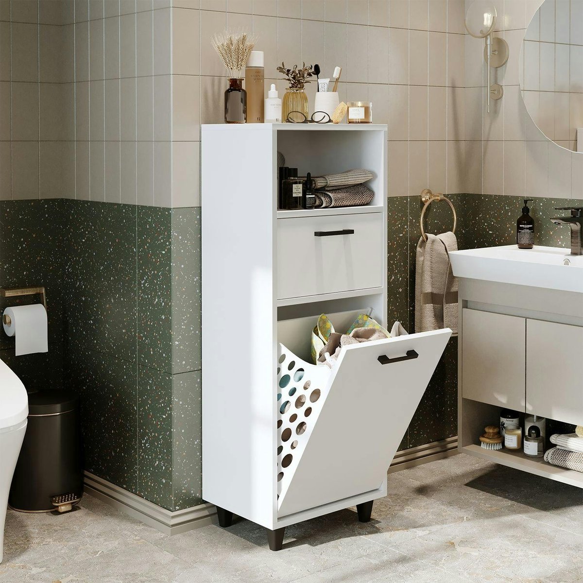 Meuble salle de bains avec panier à linge MARE blanc, PIER IMPORT