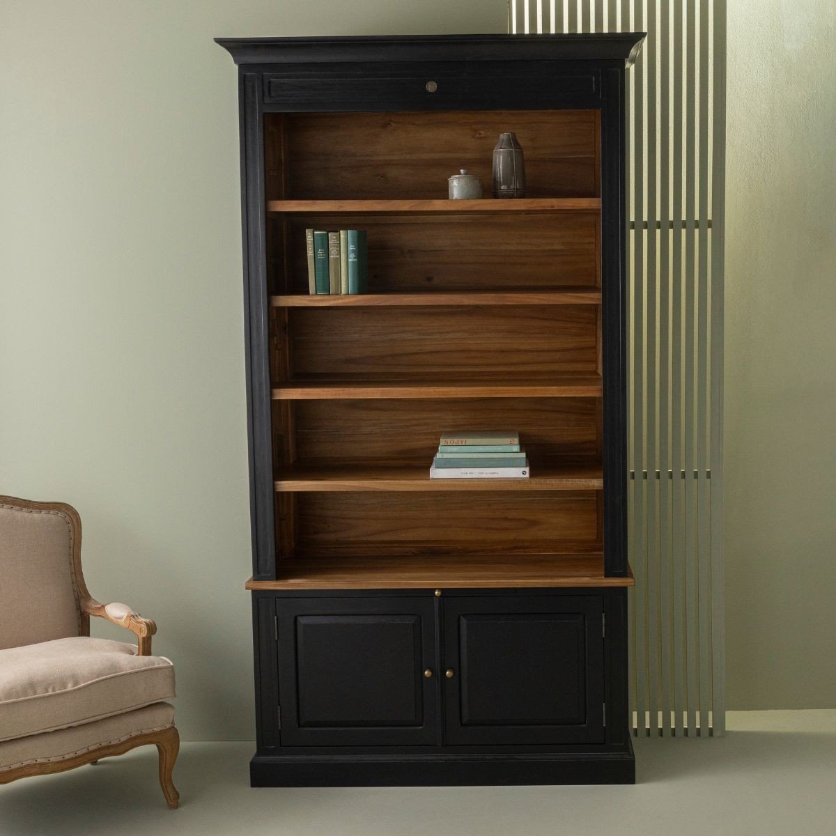 Bibliothèque 2 portes en acacia massif noir H240 cm - FONTAINEBLEAU noir, SIGNATURE