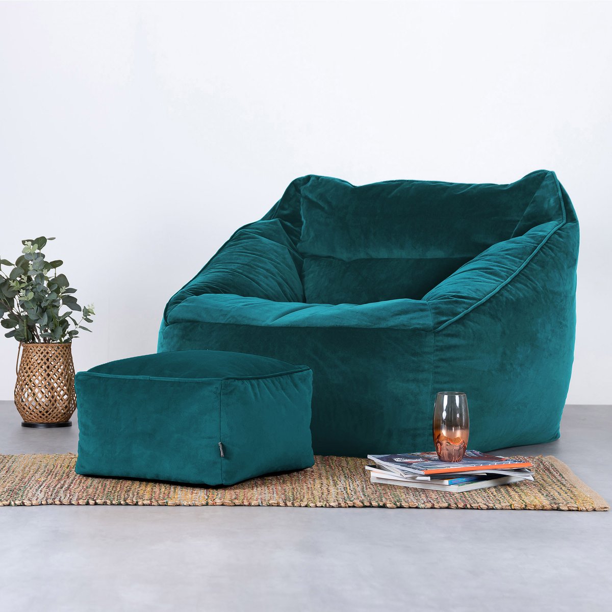 Pouf repose-pieds carré velours - AMARA vert canard, ICON