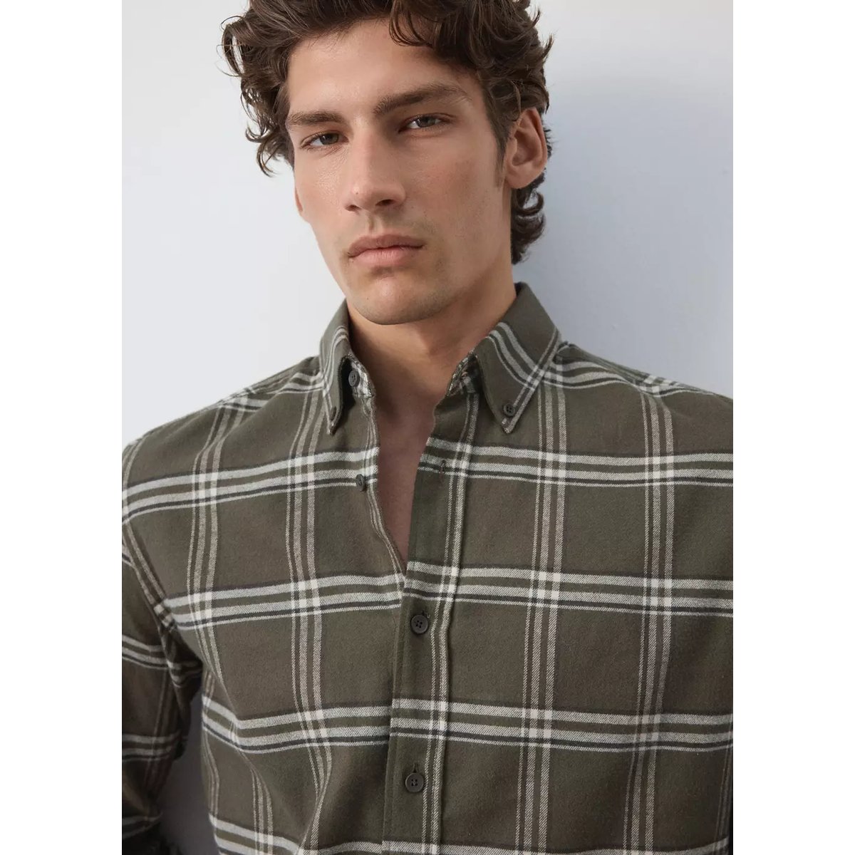 Chemise 100 % coton flanelle carreaux kaki, MANGO MAN