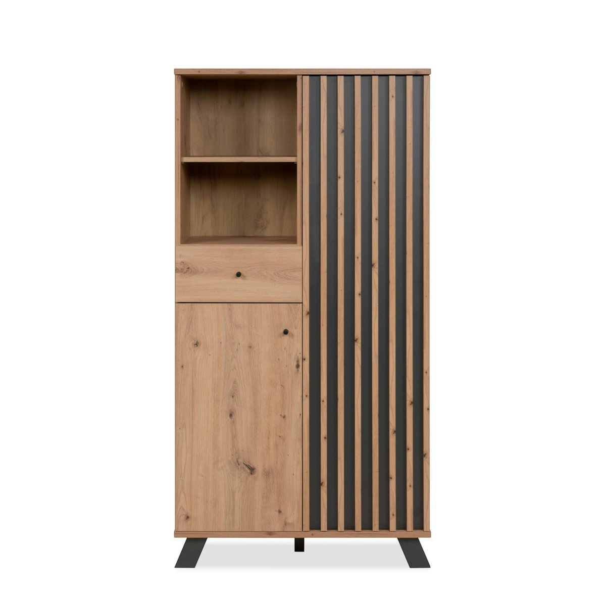 Buffet haut 1 porte noire rainurée 80 cm ALVA bois naturel, PIER IMPORT