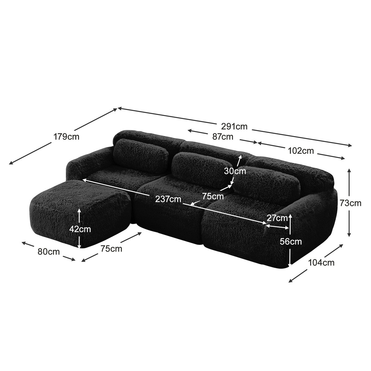 Canapé d'angle réversible 3 places avec pouf, WIND noir, MEUBLES COSY