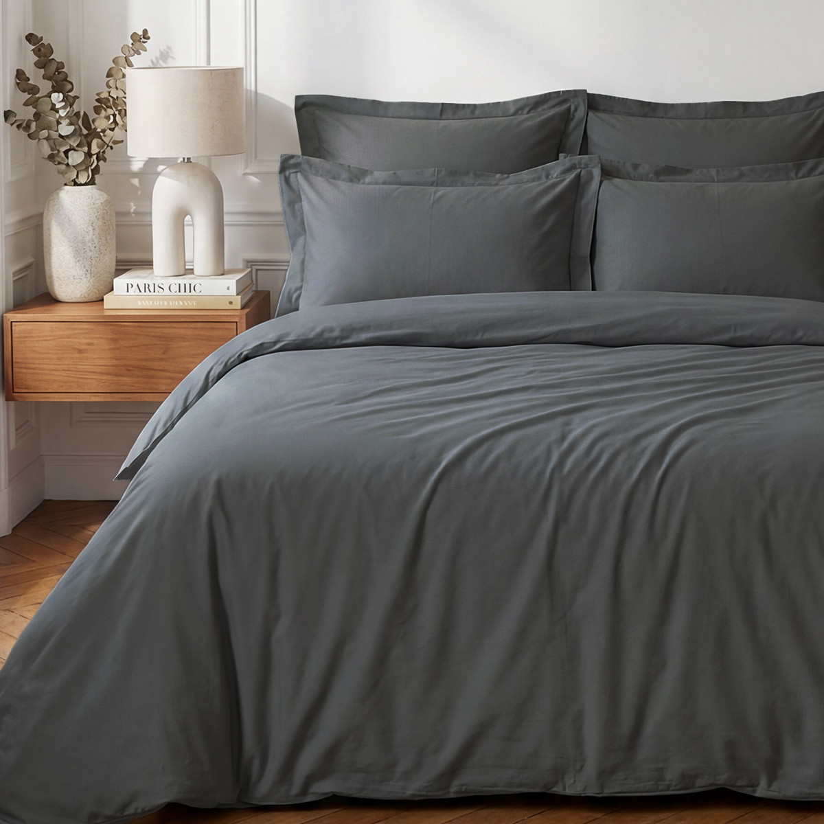 Drap housse bonnet 40 cm en percale coton SOFT PERCALE PLUS anthracite, SENSEI MAISON