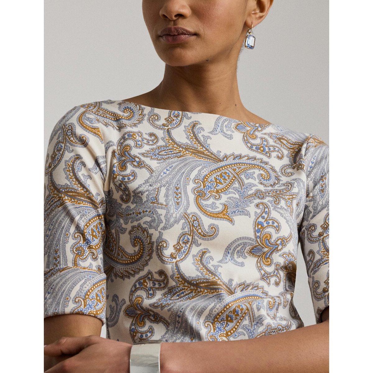 T-shirt manches courtes col bateau imprimé cachemire crème, LAUREN RALPH LAUREN