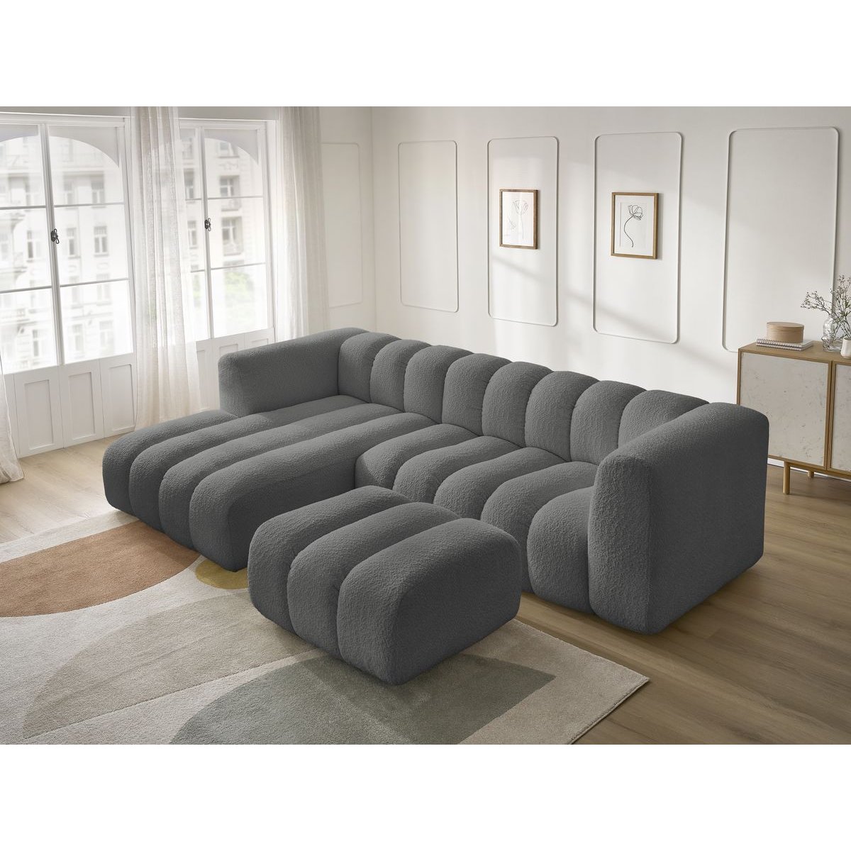 Canapé d'angle fixe 4 places en tissu bouclette avec pouf, TALIA gris foncé, BOBOCHIC