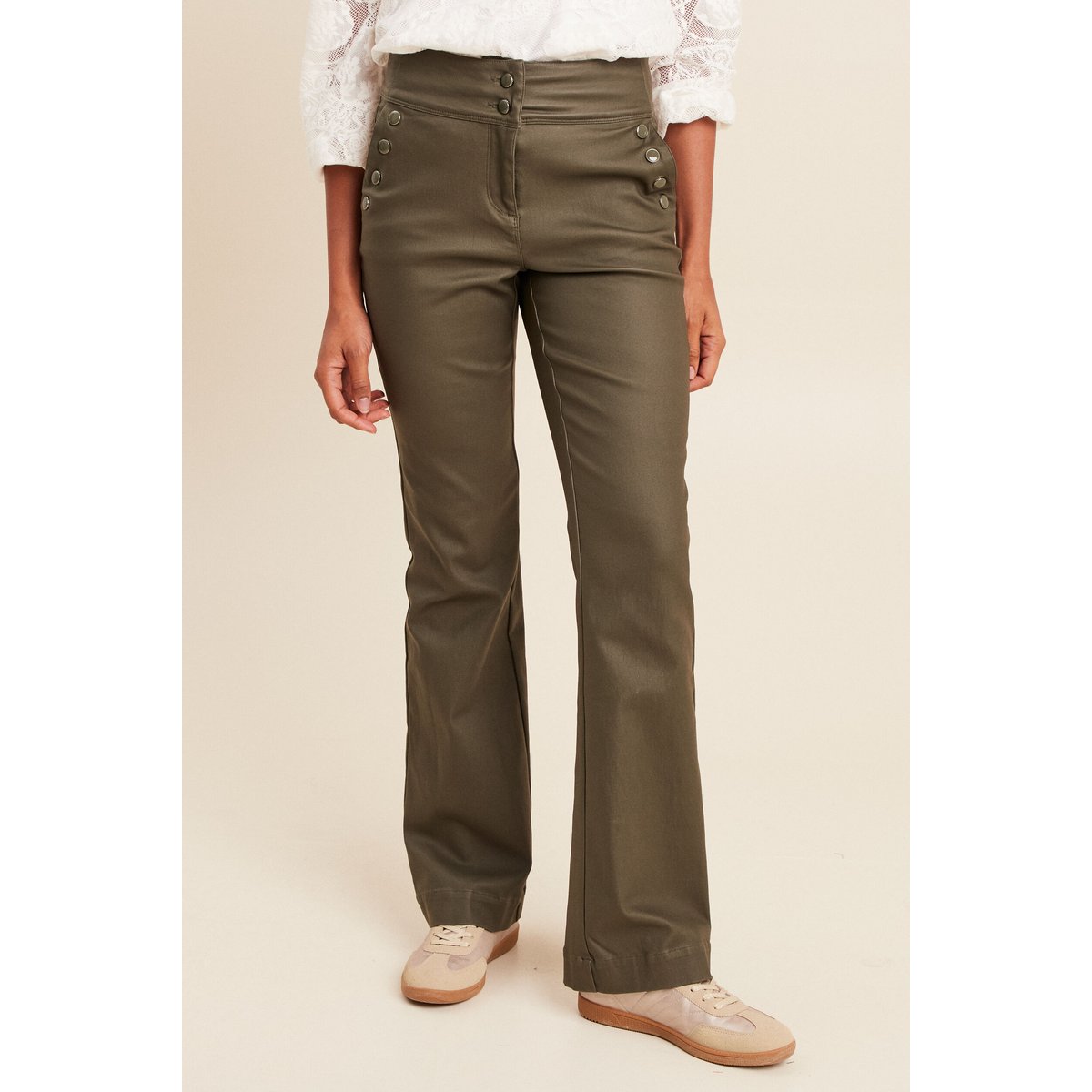 Pantalon bootcut enduit taille haute vert kaki, BREAL