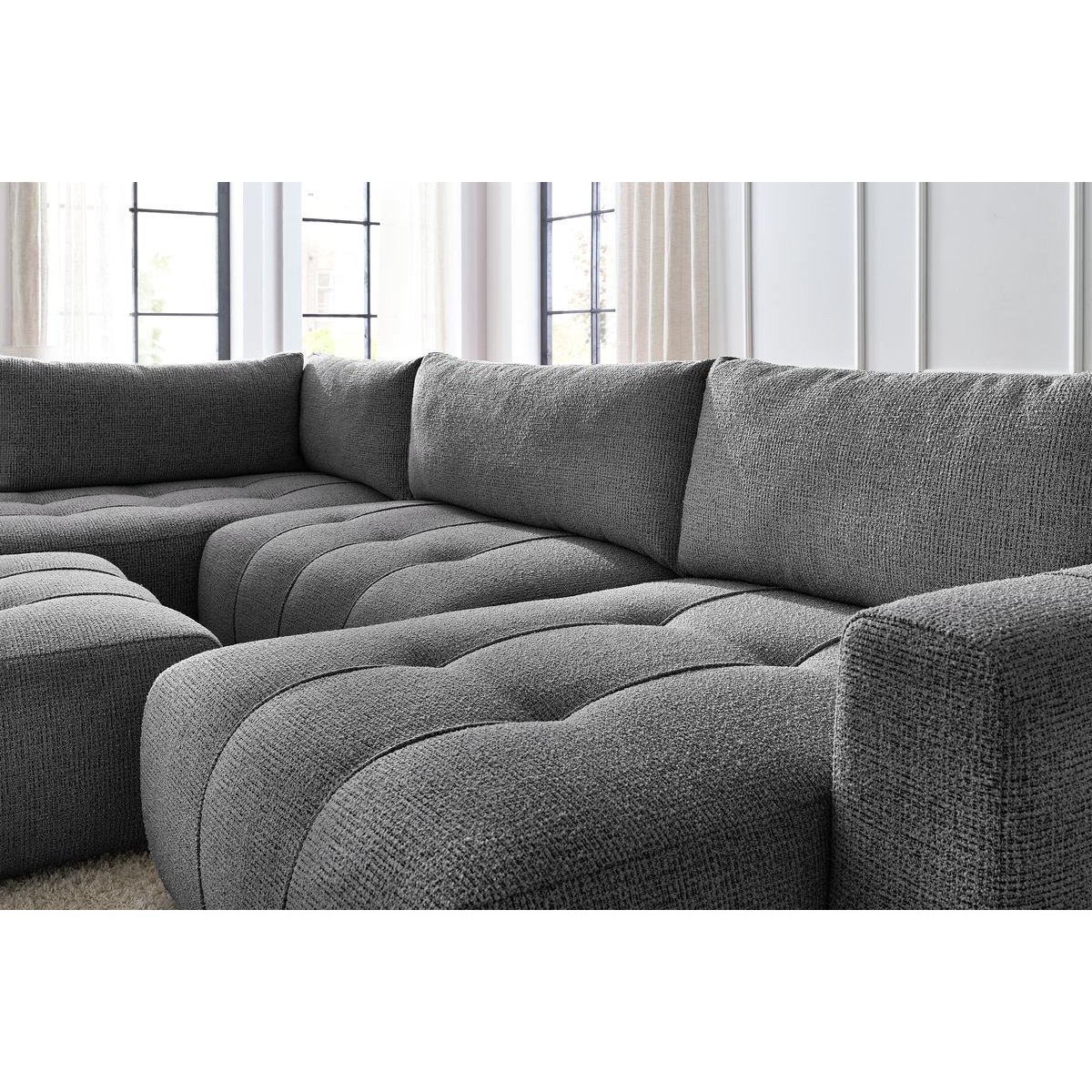 Canapé panoramique convertible 6 places en tissu chiné avec pouf, ARSENE gris foncé, BOBOCHIC