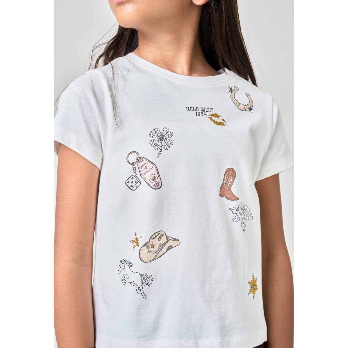 T-shirt regular fille en 100% coton jersey imprimé western COWGIRL blanc cassé, DEELUXE
