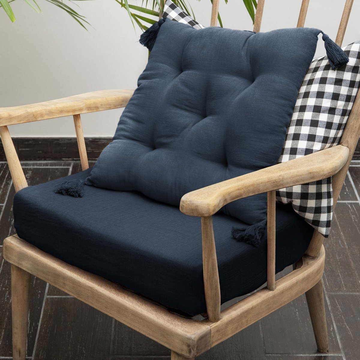 Coussin de chaise 40x40 cm Gaze de coton avec pompons Minuit bleu foncé, EDEN