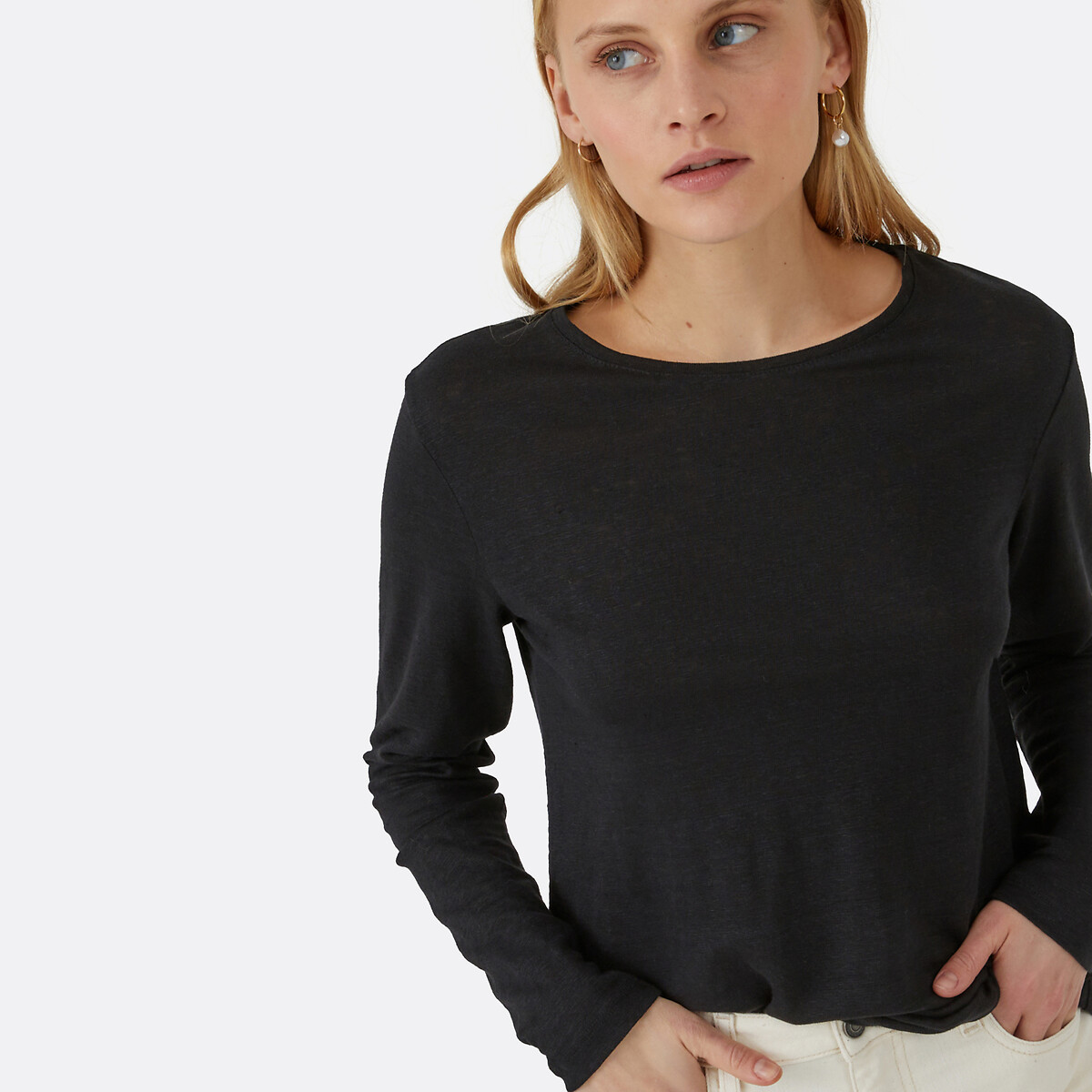 Shirt aus reinem Leinen, Rundhalsausschnitt, lange Ärmel schwarz, LA REDOUTE COLLECTIONS