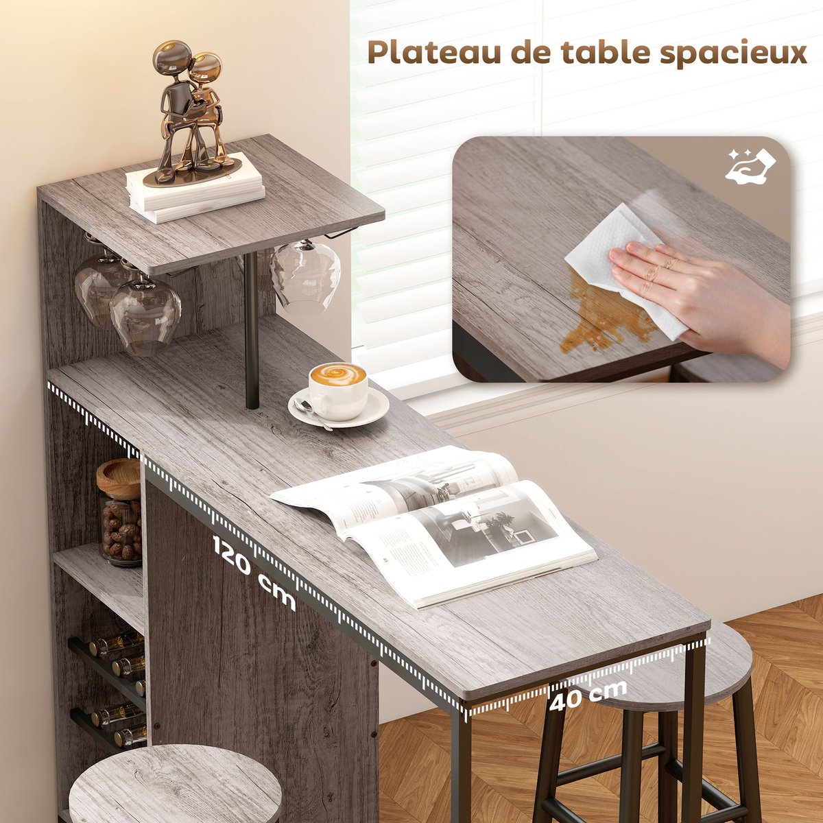Ensemble de table de bar MDF Bois naturel bois naturel, noir, HOMCOM