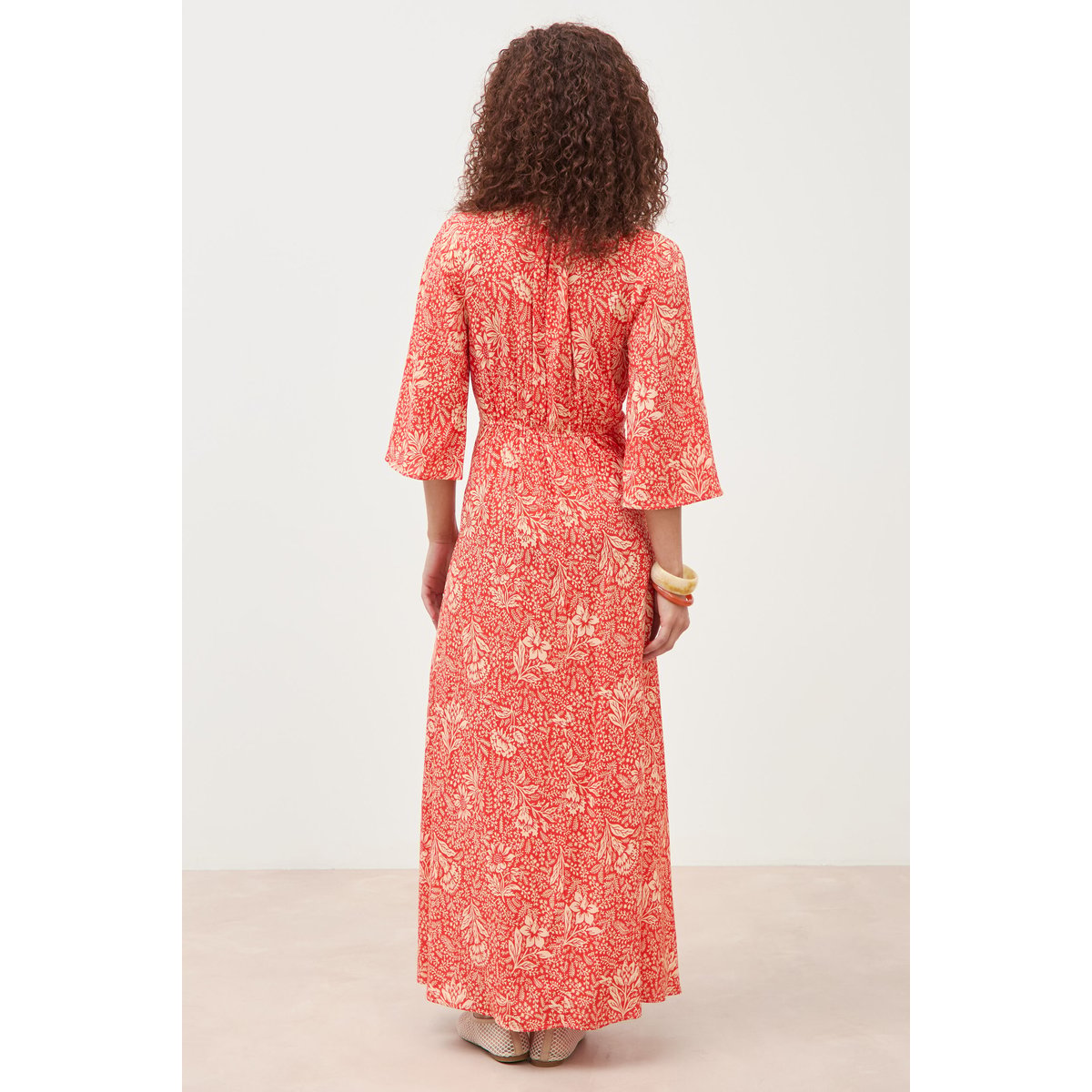 Robe col v manches longues rouge corail, BONOBO