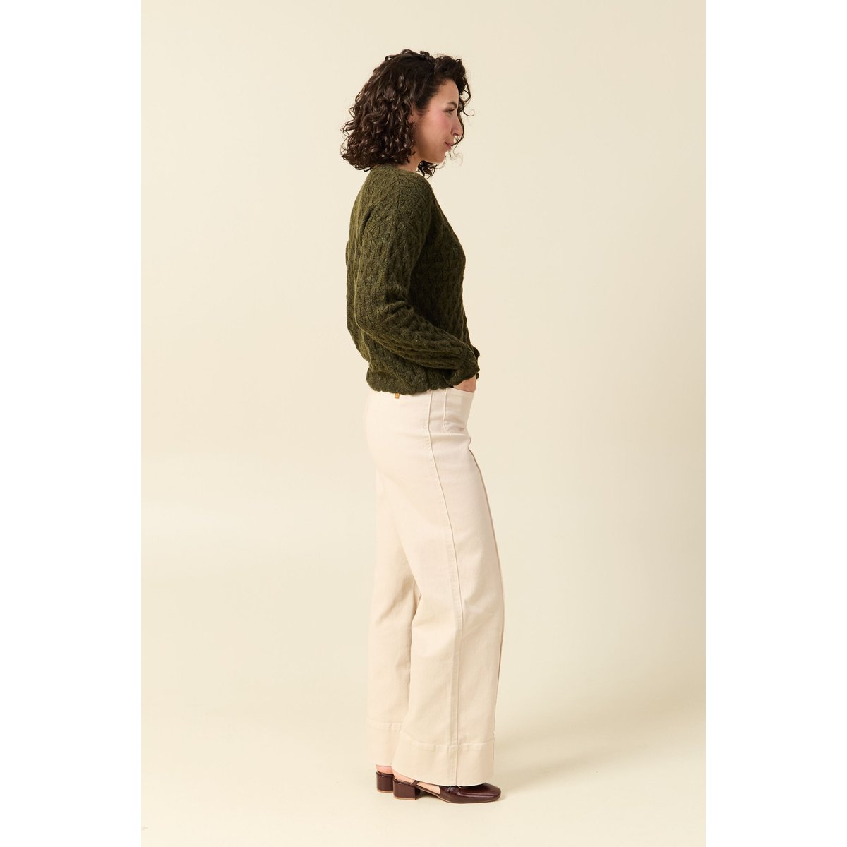 Gilet ajouré droit court col v vert kaki, BONOBO