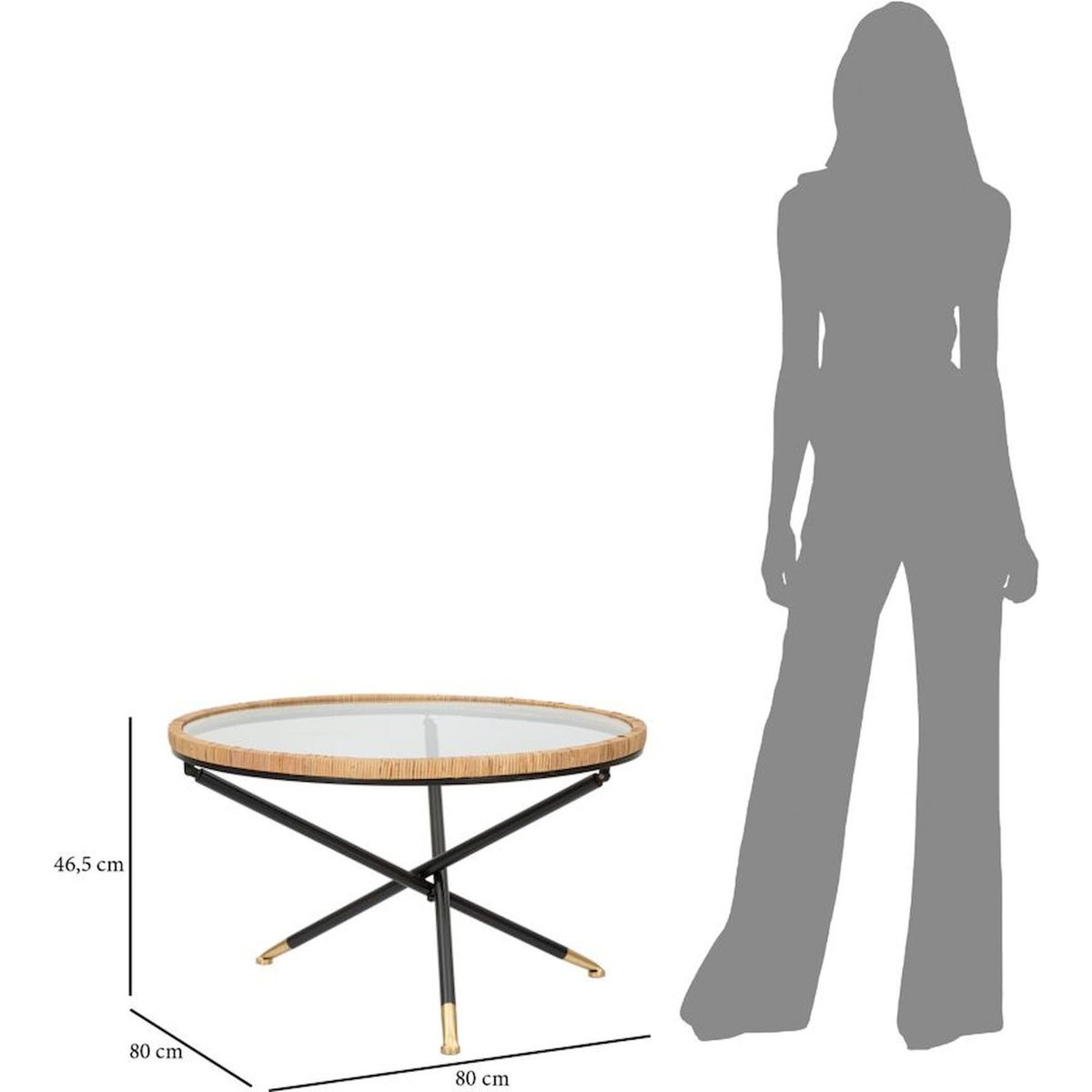 Table basse ronde en verre et rotin BOHO CHIC noir, naturel et doré, RECOLLECTION